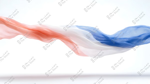 Image of translucent fabrics in pink, white, and blue draped in a flowing manner against a white background. Light permeates the fabrics, highlighting their delicate and fluid textures.