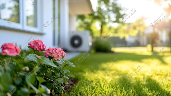 The image shows a cluster of pink hydrangea flowers in the foreground of a home garden. In the background, there is a green lawn and a modern house with an air conditioning unit on the exterior wall. The lighting is bright with sunlight reflecting on the grass, creating a serene and refreshing atmosphere.