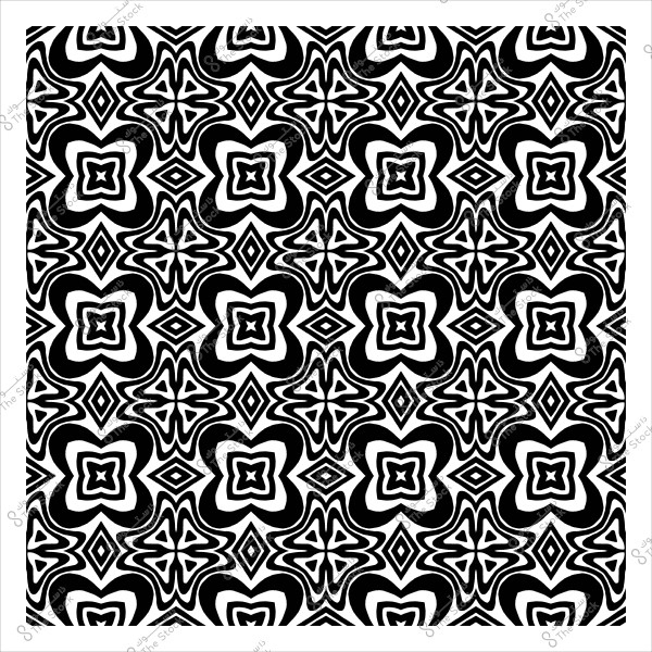 Black and white geometric pattern with a repeating design featuring floral shapes and triangles.