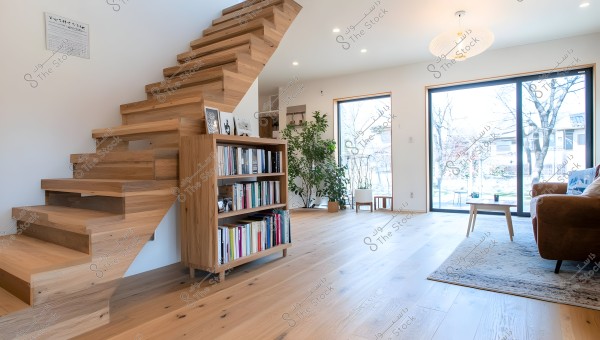 The image shows a living room in a modern home with wooden decor. It features a contemporary wooden staircase next to a bookshelf filled with books. The room is well-lit by a large window offering a view outside. There are decorative plants in the corners and a brown couch with a small table. The flooring is wooden, and the lighting is modern in design.
