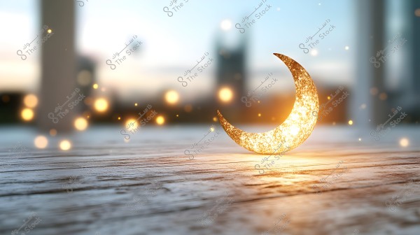Image of a glittering golden crescent sculpture placed on a wooden surface, with a blurred background showing columns and scattered spots of light, creating a magical and luminous atmosphere.