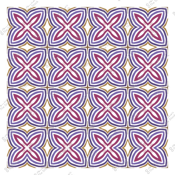 نمط زخرفي هندسي مكون من أشكال متشابكة بألوان أرجوانية وذهبية.