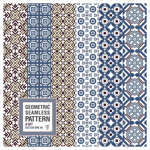 Geometric seamless patterns in various colors including brown and blue, featuring a diverse set of six unique designs.