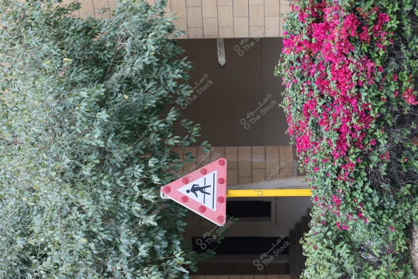 صورة تظهر لافتة ثلاثية الشكل بلون أبيض وحواف حمراء, مخصصة لعبور المشاة على عمود أصفر. توجد خضرة على يسار اللافتة وزهور وردية على اليمين. الخلفية تحتوي على جدار مبلط بني وباب مفتوح.