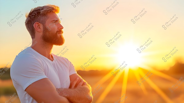 A portrait of a man in casual clothing standing outdoors during sunset, wearing a simple white t-shirt. He stands with his arms crossed, gazing towards the horizon where the sun is setting. The horizon has shades of golden and orange.