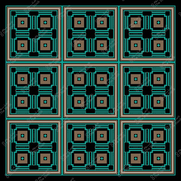 Repeating geometric pattern in green, black, and brown in a grid of squares.