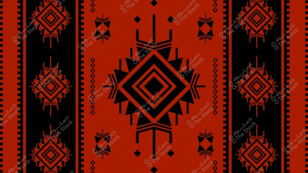 نمط هندسي تقليدي باللونين الأسود والأحمر, يتميز بأشكال ماسية متموضعة بشكل متماثل على خلفية حمراء. يحتوي التصميم على تفاصيل هندسية دقيقة مثل الأشكال المربعة والمثلثة والزوايا المتعرجة, وهو يعكس أسلوباً تقليدياً شائعًا في الزخرفة.