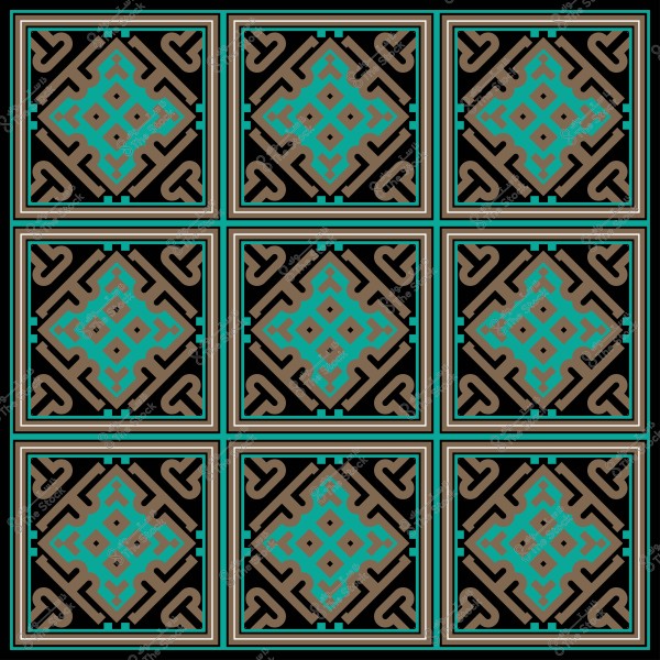Decorative pattern featuring repeating geometric designs in brown, white, and turquoise blue colors.