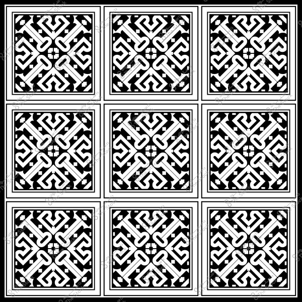 تصميم هندسي مكون من تسع مربعات مكررة بنقوش متشابكة باللونين الأسود والأبيض.