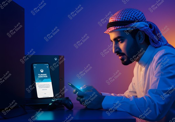 صورة لرجل يرتدي الثوب والغترة التقليدية يجلس أمام جهاز ألعاب فيديو, مستعرضًا شاشة هاتفه المحمول الذي يظهر عليه تطبيق متعلق بالألعاب. توجد وحدة تحكم ألعاب بجانب الجهاز وتضيء الألوان المتغيرة خلفية الصورة.