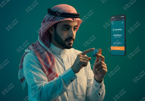 A portrait of a man wearing traditional Saudi attire, consisting of a white thobe and a red checkered shemagh. He is holding a bank card and appears to be interacting with a virtual mobile application displayed beside him against a teal background. The app shows an \"Add Balance\" option.