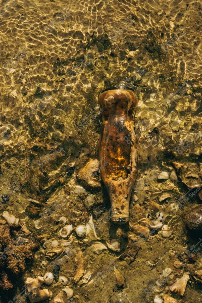 An old bottle submerged in shallow water on a sandy bottom covered with small shells. Light reflects on the water's surface, creating sparkling effects around the bottle. Stones and shells are scattered around, and the bottle appears weathered and covered with some algae and sediment.