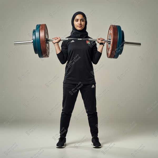 The image shows a woman wearing black athletic attire with a hijab, standing and lifting a large barbell with heavy weights. She appears confident and athletic, with the United Arab Emirates flag emblem on her shirt.