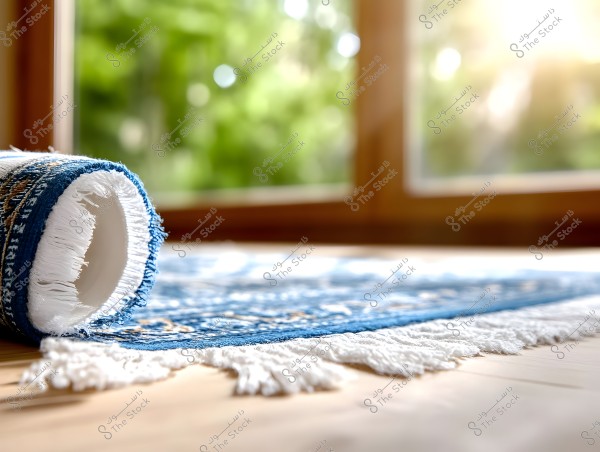 A partially rolled blue rug placed on a wooden floor illuminated by sunlight. In the background, there is a large window overlooking green trees outside. The details of the white fringes of the rug are clear in the foreground.