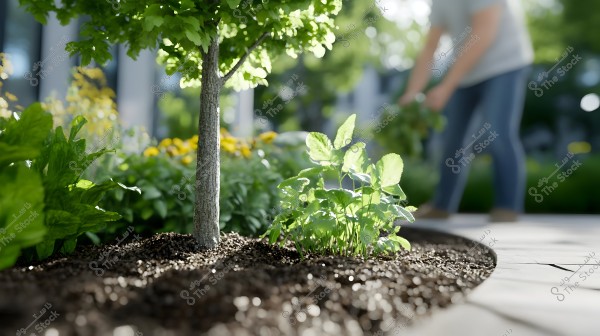 The image shows part of a garden with green plants growing alongside a small tree, focusing on the soil filled with fresh earth. In the background, a blurred figure is visible wearing a shirt and jeans, attending to the plants.