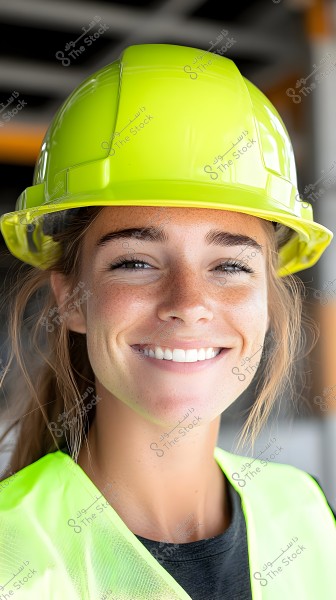 صورة شخصية لامرأة شابة تبتسم ترتدي خوذة صفراء لامعة وسترة سلامة عاكسة. تبدو في بيئة معمارية أو موقع بناء غير واضح في الخلفية.