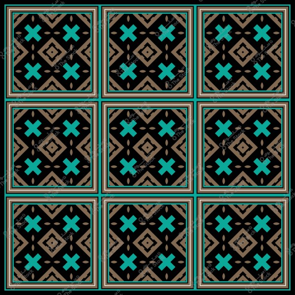 Decorative pattern made of tiled squares featuring geometric designs in black, brown, and turquoise.