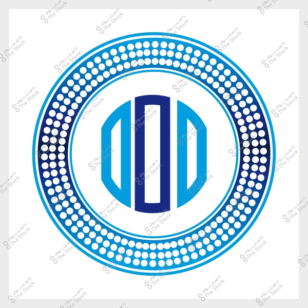 A circular design with varying shades of blue and a pattern of white dots, centered by a geometric shape made of blue lines of different thicknesses.