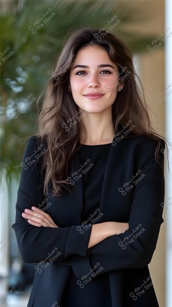 A portrait of a woman wearing a stylish black suit, standing with a smile and arms crossed. The background features some blurred green plants.