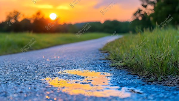 A rural path wet with sunset light reflecting an orange-golden hue. The path is bordered by dense green grass on the right, and distant trees shade the horizon in the background. The atmosphere is peaceful with a sky lit in orange and yellow, adding beauty to the natural landscape.
