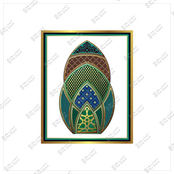 تصميم فن زخرفي عربي بألوان ذهبية وزرقاء وخضراء داخل إطار مستطيل.