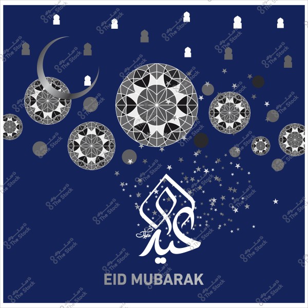 تصميم تهنئة عيد مبارك بخلفية زرقاء وكتابات باللغتين العربية والإنجليزية, مع عناصر زخرفية مثل الهلال والنجوم والدوائر الزخرفية.