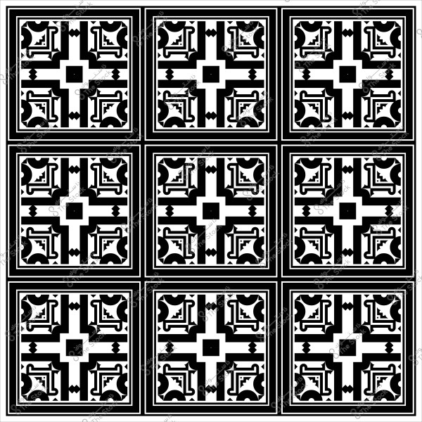 نمط هندسي يشبه الطراز العربي يتكون من تسعة مربعات متكررة باللونين الأبيض والأسود.