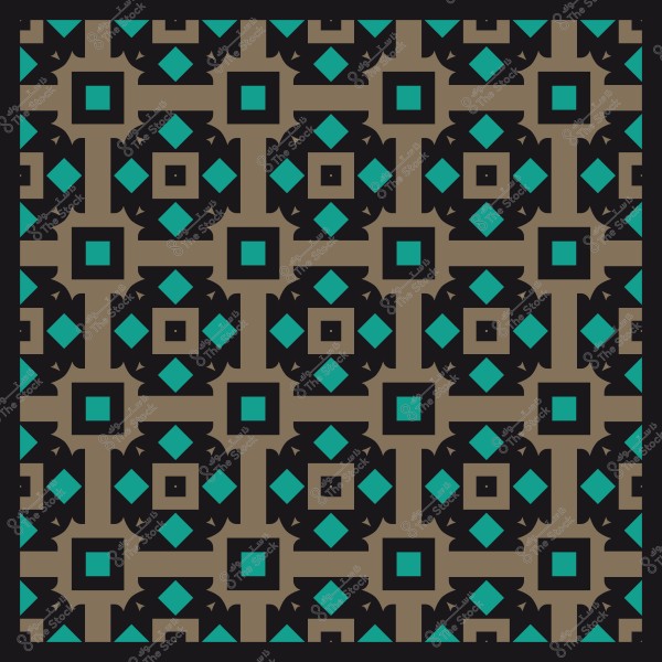 نمط هندسي بأشكال مربعة وزخارف بالألوان الأزرق الفيروزي والبني والأسود.