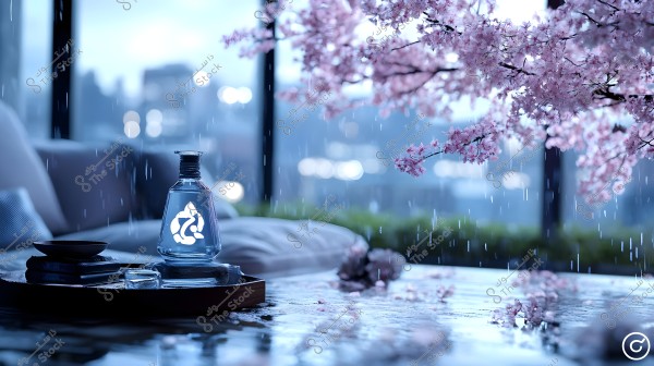 An image showing a transparent bottle with a glowing symbol, placed on a rectangular wooden table next to a large window during a rainy day. Also on the table are a napkin and a small cup. Pink cherry blossoms hang from a branch on the right, and city lights are reflected in the misty background.