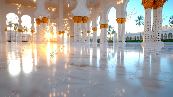 Image of an architectural scene featuring intricately decorated columns in white and gold under an ornate ceiling in an Islamic-style mosque. Sunlight streams through the columns, reflecting on the marble floor, creating a magical, luminous effect. Palm trees and some domes and external decorations are visible in the background.