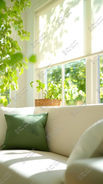 The image depicts a bright and inviting living room, featuring a white sofa adorned with a green pillow. Warm sunlight streams in through large windows with sheer curtains, while green plants in a basket decorate the windowsill.