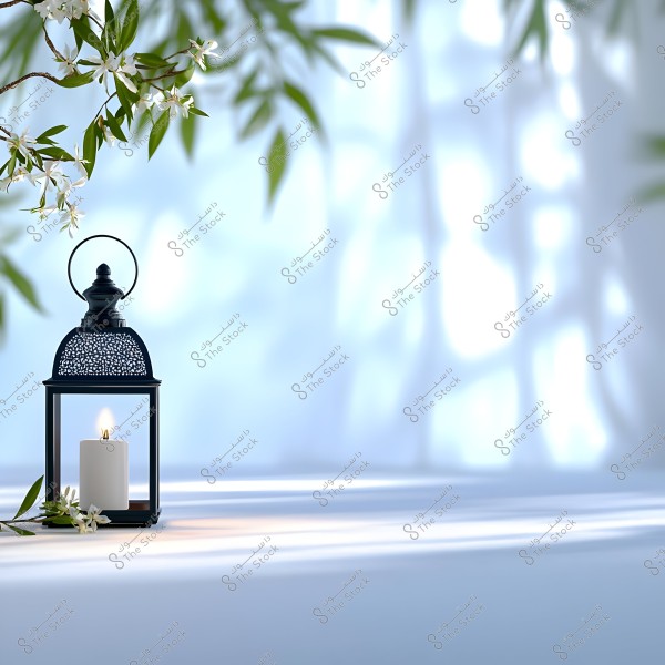 An image of a decorative black metal lantern holding a lit candle, placed on a smooth surface, with some white flowers and green leaves hanging above it. The background shows the shadows of plants on a brightly lit wall, creating a calm and inviting ambiance.