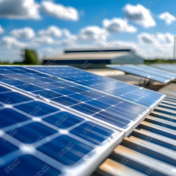 Shiny blue solar panels mounted on a metal rooftop under a blue sky with scattered clouds. The focus is close on the solar panels in the foreground, with a building in the distant background.