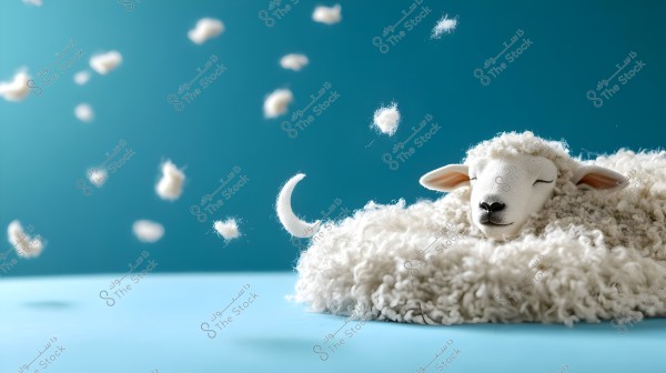An image of a small lamb resting on a blue surface, the lamb appears peacefully asleep and is covered in thick white wool. In the background, small pieces of wool float as if they were clouds in the sky. The image is dominated by a soft blue color that adds a sense of tranquility and comfort.