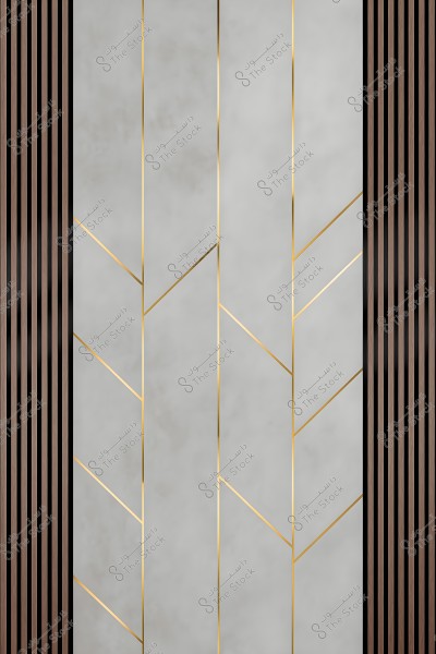 An interior design showcasing a modern decorative wall, featuring geometric gold lines intersecting with a gray marble background, flanked by dark vertical wooden panels on the sides.
