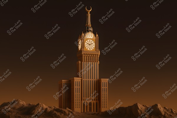 An image of the Abraj Al-Bait complex in Mecca, Saudi Arabia, featuring the prominent clock tower highlighted in warm golden hues against a dark background. The building is surrounded by low rocky formations, enhancing its grandeur.