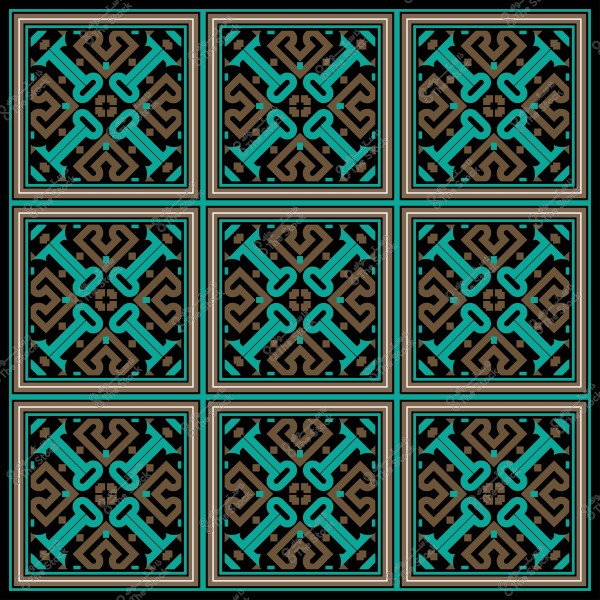 نمط هندسي مكرر مكون من مربعات تحتوي على تصاميم معقدة بألوان زرقاء وسوداء وبنية.