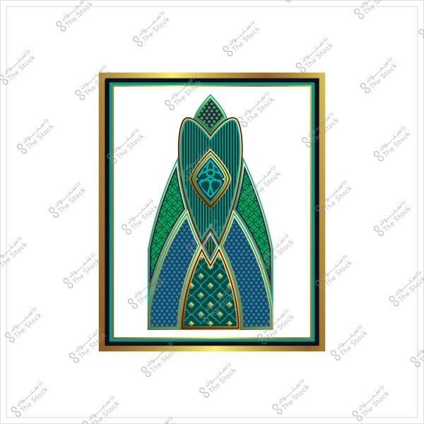 صورة لفن تجريدي يتضمن تصميماً معقداً بألوان زرقاء وخضراء مع تفاصيل ذهبية. التصميم يحتوي على أشكال هندسية وشرائط متماثلة, محاطة بإطار ذهبي مزدوج على خلفية بيضاء, مما يعطي شعورًا بالفخامة والتناسق.