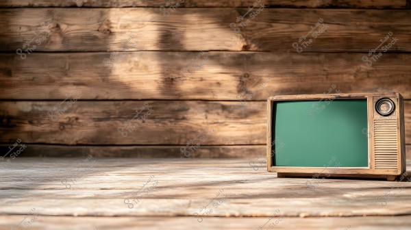 An old television with a wooden frame placed on a wooden floor in front of a wooden wall. The screen is green with a visible control knob on the right side.
