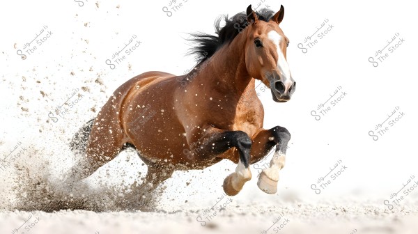 An image of a brown horse galloping enthusiastically on sand, kicking up dust around it. The horse is depicted in full strength and grace, with clear details of muscles and long black mane flowing in the wind. The background is white, giving a sense of freedom and speed.