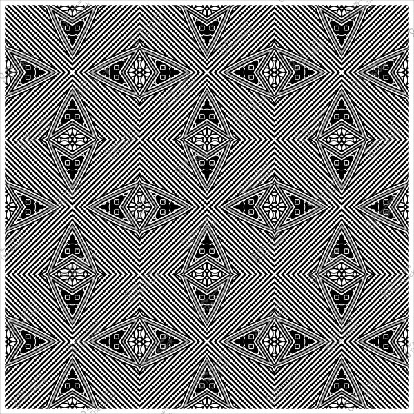 نمط هندسي أبيض وأسود مكون من خطوط متقاطعة وأشكال مثلثة متكررة بزخرفة معقدة.