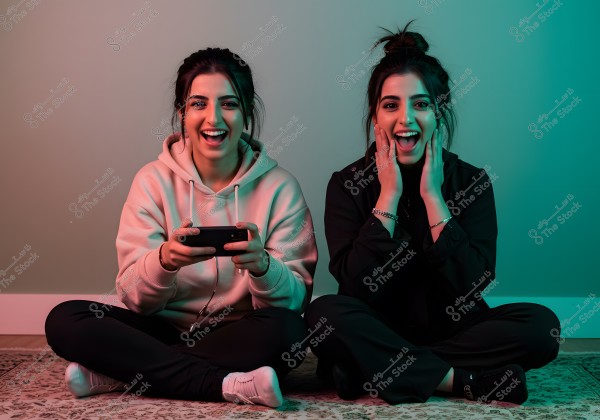 The image shows two young women sitting on the floor, one wearing a light-colored hoodie and holding a game controller, and the other dressed in dark clothing with her hands on her cheeks in a gesture of surprise or excitement. The floor appears to be covered with a rug, and the lighting features changing colors between green and pink, adding a lively atmosphere to the scene.