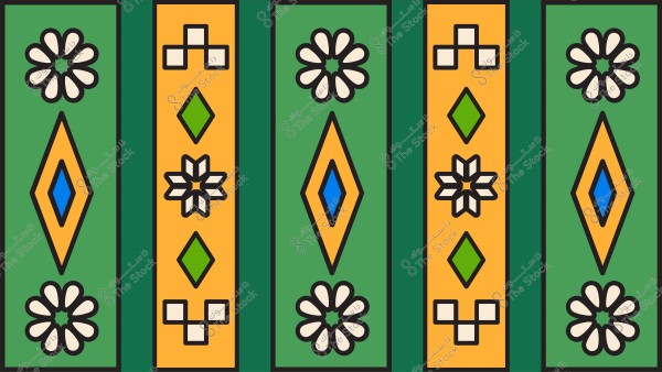 تصميم زخرفي ملون يحتوي على خطوط رأسية بالألوان الأخضر والبرتقالي الداكن. تحتوي كل خط عمودي على أشكال هندسية متنوعة مثل مربعات وزهور ونجوم بألوان متعددة مثل الأزرق والأبيض والأخضر.