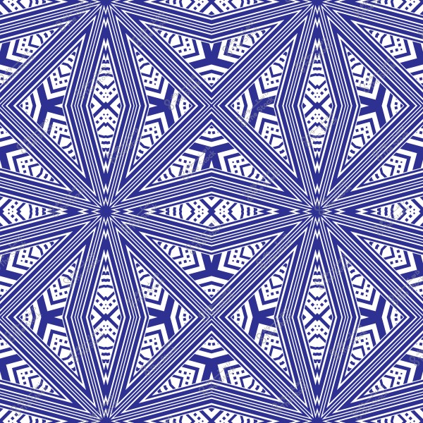 نمط هندسي متماثل بدرجات اللونين الأزرق والأبيض, حيث تتقاطع الخطوط لتشكل أنماطاً متكررة من الأشكال المثلثية والمستطيلة. التصميم مفعم بالتفاصيل والزوايا المتداخلة, مما يخلق تأثير ثلاثي الأبعاد.