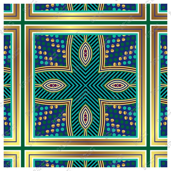 تصميم هندسي معقد بألوان زرقاء وخضراء وذهبية, مع أنماط دوائر وخطوط متشابكة.