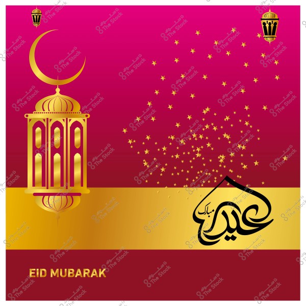 صورة تحتوي على فانوس ذهبي وهلال مع نجوم متلألئة على خلفية حمراء, وكلمة \"عيد مبارك\" مكتوبة بالعربية والإنجليزية.