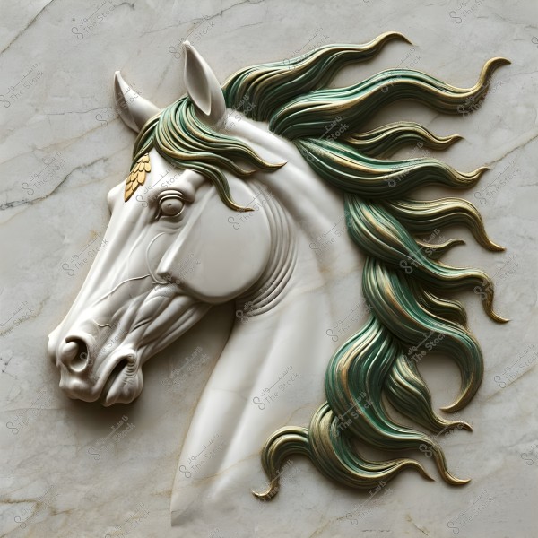 A 3D image of a horse head sculpture, crafted from smooth white marble. The horse displays lifelike details with flowing mane in shades of green and gold, elegantly set against a beautifully marbled background.
