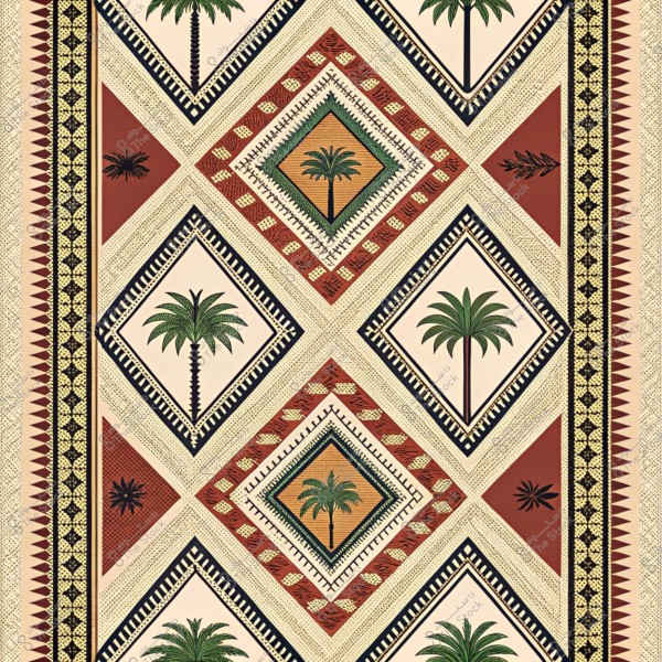 تصميم بنمط أرابيسك يحتوى على أشكال ماسات متداخلة محاطة بنقوش زخرفية بألوان ترابية مثل البيج والأحمر الداكن والأسود. داخل كل ماسة يوجد رسم لشجرة نخيل خضراء في الوسط. الأطراف مزينة بأنماط هندسية متكررة بألوان مغايرة تبرز التصميم التقليدي.