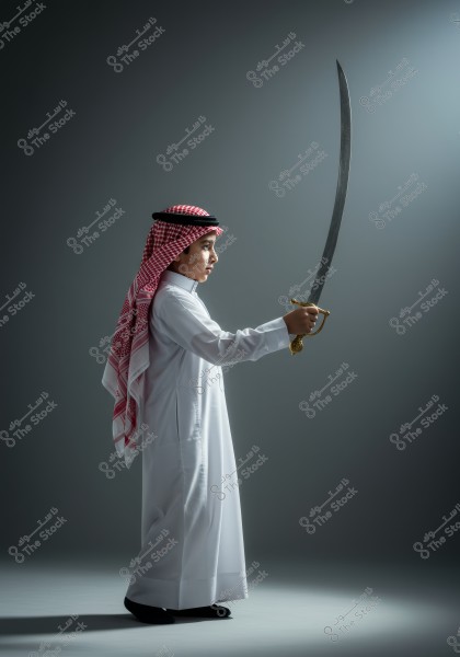 Image of a young boy wearing traditional Saudi attire, a white thobe with a red checkered shemagh on his head. The boy holds a long sword in one hand and stands in a side profile at a right angle, with lighting illuminating him from behind, highlighting the details of the clothing and sword.