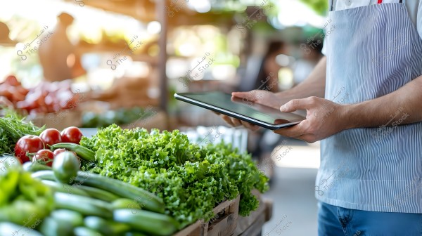 The image shows a person wearing a blue striped apron, holding a tablet in their hands, standing in front of a table filled with fresh vegetables such as tomatoes, lettuce, and cucumbers at an open market. The setting appears sunny and serene with natural light.